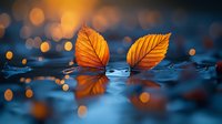 Orange autumn leaves floating on blue water surface with bokeh lights and reflections creating dreamy atmospheric nature scene.