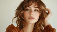 Young woman with auburn wavy hair and freckles wearing brown sweater against neutral background, touching her hair in natural beauty portrait.
