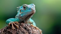 Vibrant turquoise iguana close-up portrait showing detailed scales and spikes while resting on tree bark against soft green natural background, macro photography.