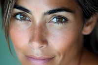 Close-up portrait of young Caucasian woman with natural makeup and glowing skin. Fresh-faced beauty with brown eyes and defined eyebrows for skincare and cosmetics.