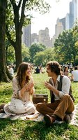 Young couple enjoying a picnic in urban park with vintage radio, surrounded by lush trees and city skyline, perfect for lifestyle and leisure content.