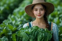 Young Asian woman in straw hat and striped dress holding fresh harvested organic cabbage in garden, sustainable farming and healthy lifestyle concept.