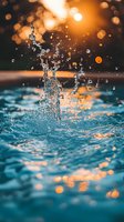 Dynamic water splash with droplets against golden sunset light creating bokeh effect over turquoise blue water surface, captured in macro photography.