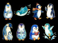 Cute penguin characters in various poses wearing crowns, scarves, and winter outfits, isolated on transparent background. Ready for t-shirt designs, stickers, clipart, print-on-demand products, and sublimation projects.