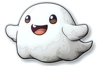 Cute cartoon ghost character with happy expression and big brown eyes on white isolated background, ready for Halloween designs and children's illustrations.