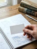 Student holding blank flashcard over spiral notebook with handwritten notes and textbooks on wooden desk, suitable for education, studying, learning, and academic preparation materials.