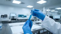 Laboratory technician in blue gloves holding test tube in modern medical research facility for scientific analysis and experimentation.