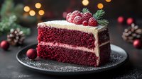 Festive red velvet cake slice with cream cheese frosting topped with fresh raspberries and rosemary on dark plate with Christmas decorations and bokeh lights.