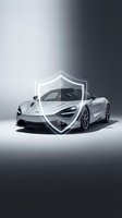 White sports car with digital security shield overlay featuring wifi and lock icons, representing automotive cybersecurity and connected vehicle protection technology.