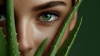 Close-up of young Caucasian woman with striking green eyes partially hidden behind aloe vera plant leaves, representing natural skincare and beauty.