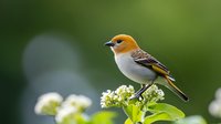 Small orange-headed songbird perched on delicate white flowers against soft green natural background, captured in sharp detail with beautiful bokeh effect.