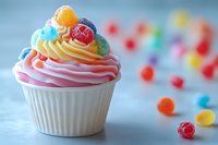 Colorful rainbow frosted cupcake topped with assorted candy balls and gumballs on pastel background for birthday party celebrations and sweet dessert concepts.