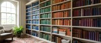 Elegant home library with floor-to-ceiling bookshelves filled with colorful books, comfortable reading chair, and natural light from arched window.