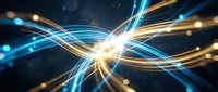 Abstract energy waves with glowing blue and golden light trails creating dynamic motion patterns against dark background for technology concepts.