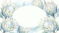 Watercolor protea flowers frame with empty oval space for text, soft pastel colors on white background for wedding invitations and greeting cards.