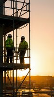 Construction workers in safety gear on scaffolding at sunset discussing project plans. Industrial building site with golden hour lighting for safety concepts.