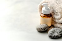 Spa wellness setup with amber glass pump bottle, soft towels and smooth stones for relaxation and skincare routine on neutral background.