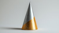 Metallic cone with gray and gold two-tone finish on white background, isolated design element suitable for party decorations, graphic design projects, and festive event materials.