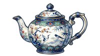 Ornate porcelain teapot with blue and white chinoiserie design, featuring hand-painted birds, flowering branches, and bamboo motifs. Isolated on white background, ready for design projects.