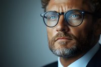 Mature Caucasian businessman with beard and glasses in dark suit gazes thoughtfully against dramatic lighting, expressing confidence and leadership qualities.