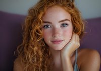 Young woman with natural red curly hair, freckles and blue eyes smiling gently while resting head on hand. Soft natural lighting creates warm intimate mood.