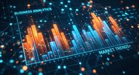 Digital business analytics dashboard with glowing data visualization charts and market trends on futuristic interface for financial technology presentations.