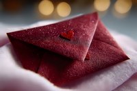 Red velvet envelope with small heart decoration on soft fabric against blurred bokeh lights, romantic love letter concept for Valentine's Day celebration.