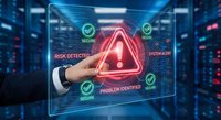 Businessman hand touching holographic cybersecurity interface with risk detection alert in modern data center server room background.