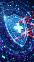 Digital shield with medical cross protecting against cyber attacks in healthcare data security network with glowing circuit patterns and binary code streams.