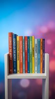 Colorful books arranged on white wooden shelf against vibrant blue pink gradient background for education and learning concepts.
