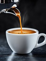 Fresh espresso pouring from portafilter into white ceramic cup with rich crema and steam on dark background, close-up shot capturing coffee making process.