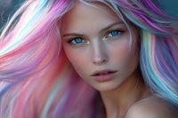 Young caucasian woman with vibrant multicolored pastel hair and bright blue eyes in artistic beauty portrait against dark background, soft lighting enhances ethereal appearance.