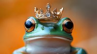 Green tree frog wearing ornate golden crown with jewels against warm orange background, fantasy amphibian royalty concept for creative designs.