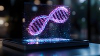 Glowing purple DNA helix hologram floating above digital device with sparkles and particles in dark setting, futuristic genetic science visualization.