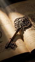 Ornate vintage brass key with decorative floral handle resting on aged handwritten manuscript pages with warm golden lighting creating nostalgic atmosphere.