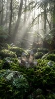 Mystical quartz crystals emerging from moss-covered forest floor with ethereal sunbeams filtering through ancient trees creating magical woodland atmosphere.