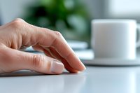 Caucasian hand resting on white desk surface near ceramic mug and blurred green plant, suitable for business, office, and workplace concepts.