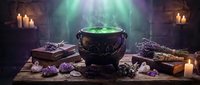 Mystical witch cauldron with green potion bubbling on wooden table surrounded by ancient spellbooks, crystals, candles creating magical atmosphere for Halloween.