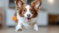 Playful brown and white Border Collie dog running towards camera with happy expression, captured in motion with blurred background for pet photography.