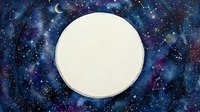 Cosmic watercolor galaxy background with central white circle frame for text or design elements surrounded by deep blue purple nebula and stars.