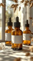 Amber glass dropper bottles with blank labels in natural sunlight and shadow play from dried flowers, styled for wellness and aromatherapy product photography.