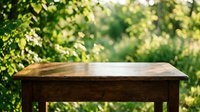 Wooden table with natural finish displayed outdoors against lush green foliage background, suitable for product placement, garden design, and furniture marketing projects.