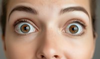 Close-up view of wide open brown eyes with long eyelashes and expressive eyebrows showing surprise, shock or amazement emotion against neutral background.