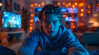 Young Caucasian man in blue hoodie illuminated by neon lights and bokeh effects sits at desk during night gaming session, moody atmospheric portrait with dramatic lighting.