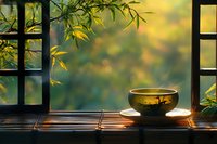 Traditional tea bowl on bamboo mat by window with green leaves and soft natural sunlight creating peaceful zen atmosphere for meditation and mindfulness practice.