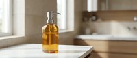 Amber glass soap dispenser bottle with pump on white kitchen counter in modern home interior with natural sunlight streaming through windows.