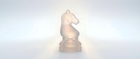 Translucent frosted glass chess knight piece glowing with warm light on white background, isolated for design use on merchandise, apparel, and promotional materials.