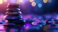 Balanced zen stones stack on reflective surface with purple and blue bokeh lights creating peaceful spa atmosphere. Wellness and meditation concept.