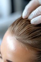 Medical professional in protective gloves examining patient's scalp and hair condition during dermatological or trichological consultation in clinic setting.