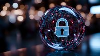 Glowing blue padlock inside glass sphere with digital matrix background and bokeh lights, representing cybersecurity and data protection in modern technology.
